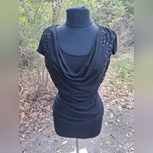 Hybrid black cowl neckline rhinestone blouse